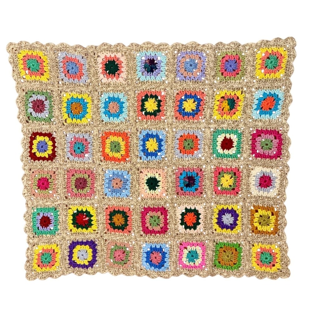 Vintage Handmade Crochet Granny Square Afghan Colorful Throw Blanket Cottagecore